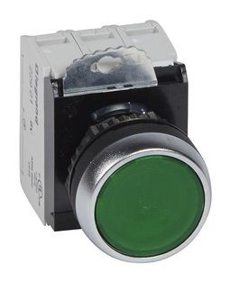Кнопка с потайным толкателем ∅ 22,3 - Osmoz - в сборе - с подсветкой - зеленый - 230 В~